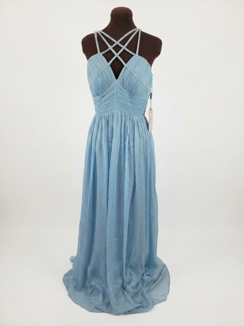 NWT Sz 6 Sky Blue Beaded Maxi Dress with Crisscross Straps